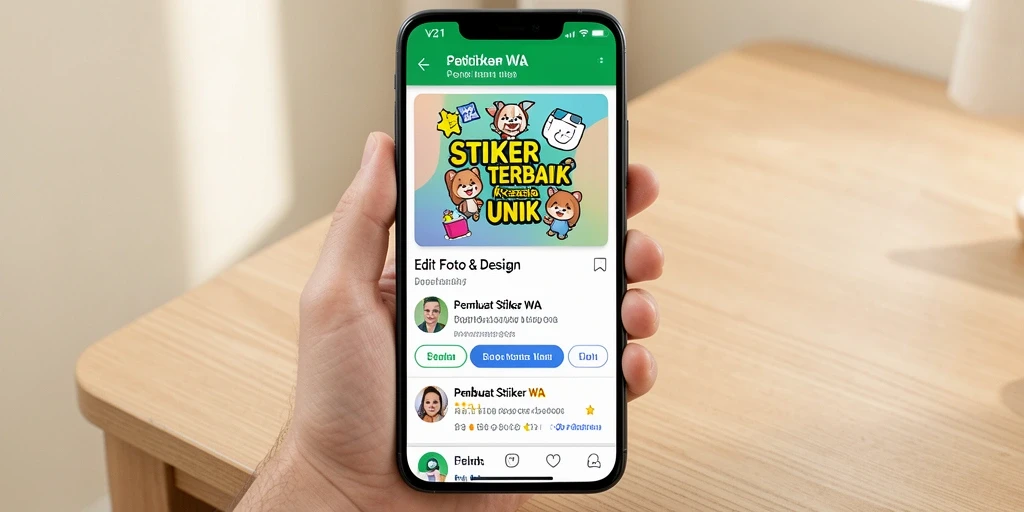 Screenshot V21 menunjukkan antarmuka pembuat stiker yang user-friendly.