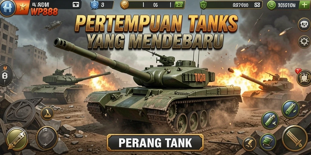 Tampilan antarmuka WP888 dengan pertempuran tank yang seru.